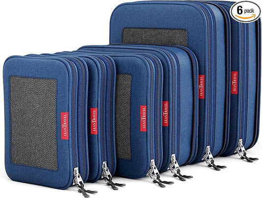 LeanTravel Premium Compression Packing Cubes for Travel - Luggage Organizers with Double Zipper - Sturdy Bags for Suitcase (6-Pack, Navy Blue)