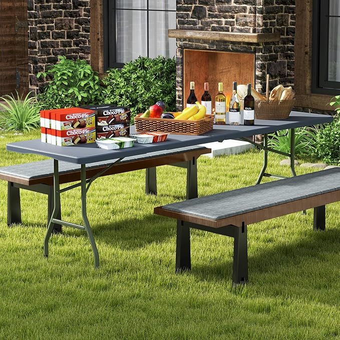 Folding Table, HDPE Portable Table with 8 ft Long Tabletop, Metal Frame Picnic Camping Table with Safe Lock, Collapsible Dining Table for Camping, Picnic, Party (Gray, 8 FT)