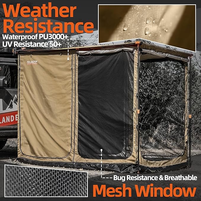 ALL-TOP Awning Room with Floor 8.2' x 10' Rip-Stop 420D Oxford Awning Tent with Bug-Resistance Mesh, Waterproof Sun Shelter for Overland, Camping(Room Only)
