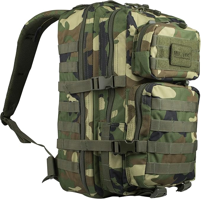 Mil-Tec Unisex Assault Pack - Rugged Durable Lightweight Ergonomic Versatile Tactical Outdoor Camping Hiking Backpack with Adjustable Padded Shoulder Straps & MOLLE Loops, Woodland Camo, 20L