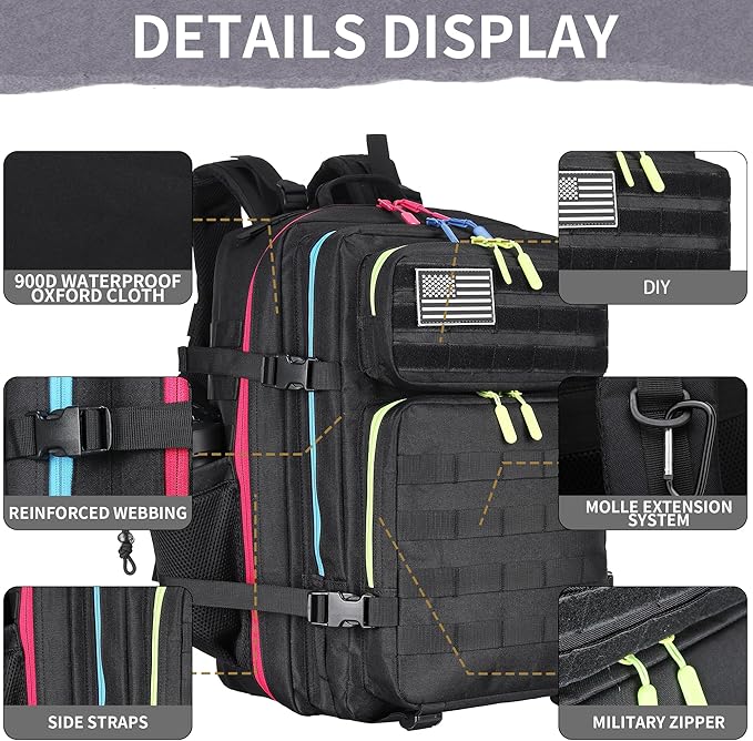 45L Military Tactical Backpacks 3 Days Assault PackBag Fitness Rucksack Hiking Molle Daypack (Black Neon)
