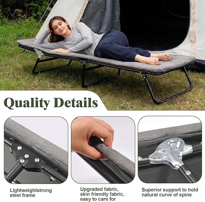 XMT Camping Cot with Mattress, 550LBS(Max Load), Portable Folding Outdoor Bed for Adults Kids, Double Layer 1200D, Heavy Duty Cot for Traveling Gear Supplier, Office Nap, Home Lounging(Grey)