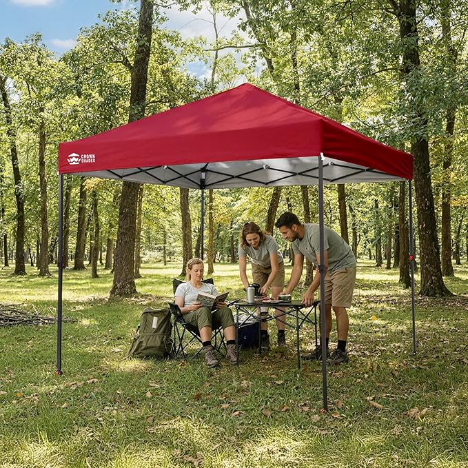 CROWN SHADES 8x8 Pop Up Canopy - Patented Center Lock One Push Instant Outdoor Canopy Beach Tent with STO-N-Go Bag 8 Stakes & 4 Sand Bags,Red