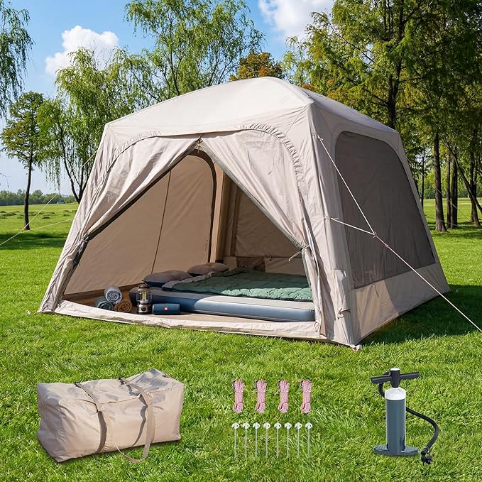 Inflatable Tents for Camping, Large Blow Up Tent with Hand Pump, Easy Setup InflatableTent 4 Season Tent, Waterproof Oxford Air Glamping Tents for Camping Adult 4/6/8/10/12 Person