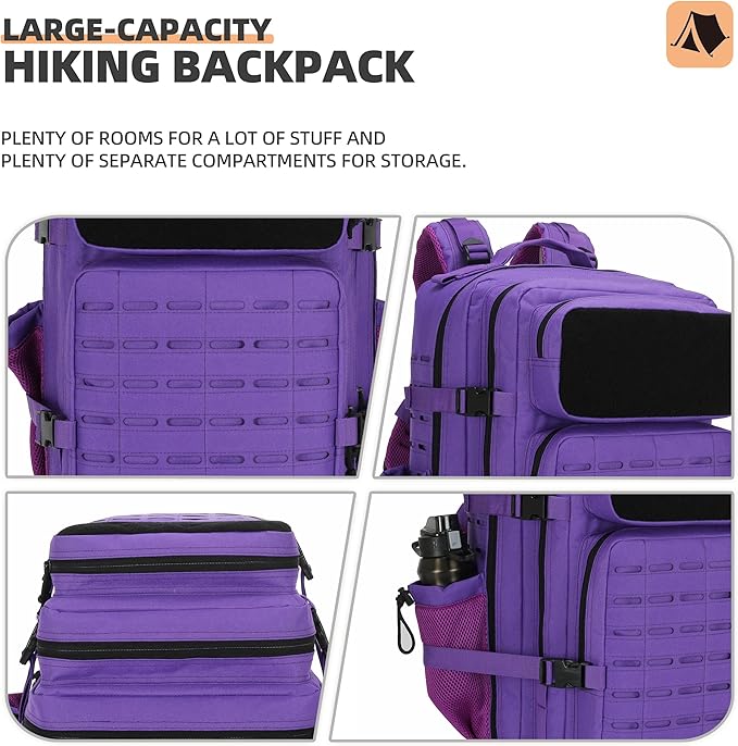 45L Military Tactical Backpacks 3 Days Assault Pack Bag Fitness Rucksack 3 Day Bug Out Bag Hiking Treeking Molle Daypack (Purple)