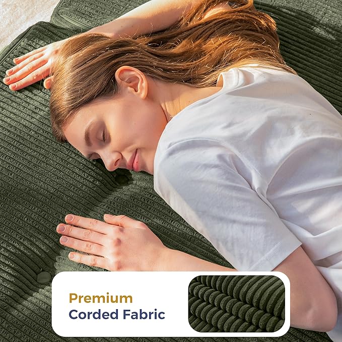 MAXYOYO Folding Mattress, 4 Inch Tufted Foldable Mattress Full Foam Bed, Tri-Fold Floor Couch with Handles Guest Bed Topper Portable Camping Mat with Corded Fabric, Twin Size, Dark Green
