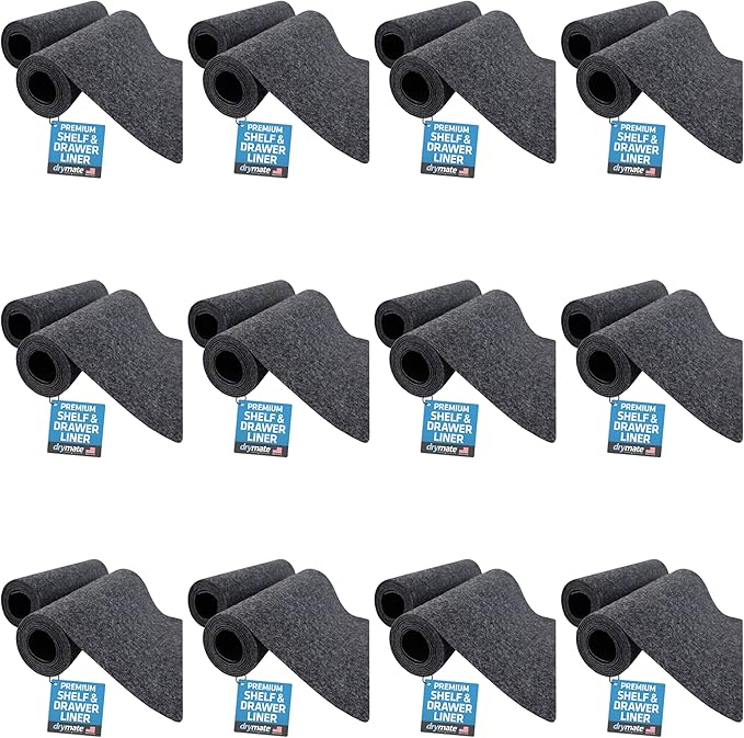 Drymate Premium Luxury Shelf & Drawer Liner, Thick Cushioned Fabric, Non-Adhesive, Absorbent, Waterproof, Slip-Resistant, Liners for Kitchen Cabinets, Cupboards (USA Made)(12”x59”)(24-Pack)(Charcoal)