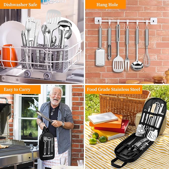 Camping Cooking Utensils Set, Stainless Steel Grill Tools, Camping BBQ Cookware Gear and Equipment for Travel Tenting RV Van Picnic Portable Kitchen Essentials Accessories