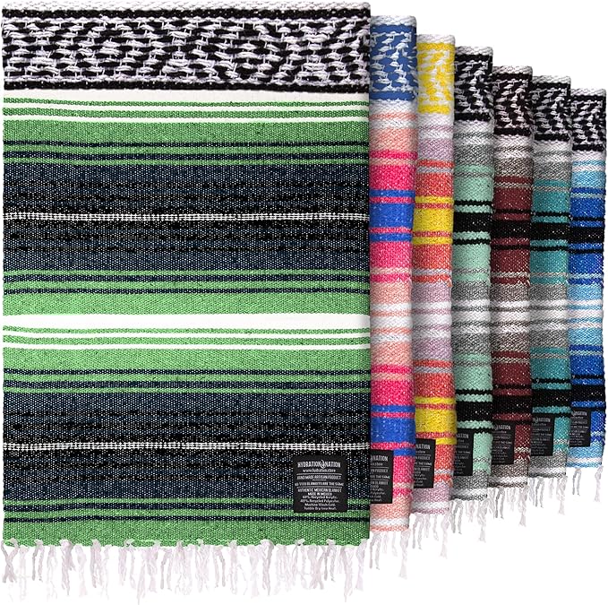 Hydration Nation Authentic Extra Large Mexican Blanket (70"x50") - Handwoven Yoga, Serape- Artisanal Falsa, Beach, Camping, Picnic, Outdoor - Tropical Green