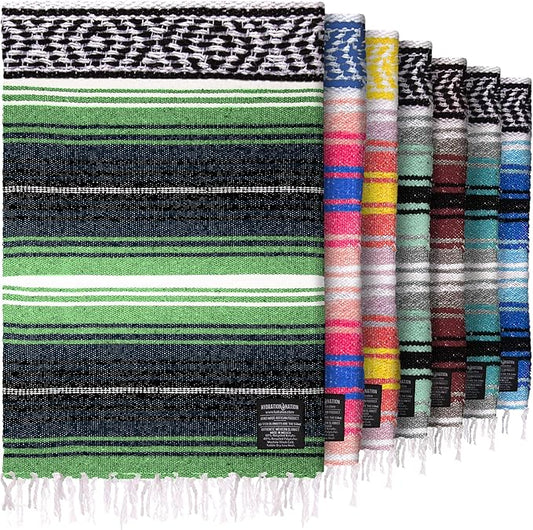 Hydration Nation Authentic Extra Large Mexican Blanket (70"x50") - Handwoven Yoga, Serape- Artisanal Falsa, Beach, Camping, Picnic, Outdoor - Tropical Green