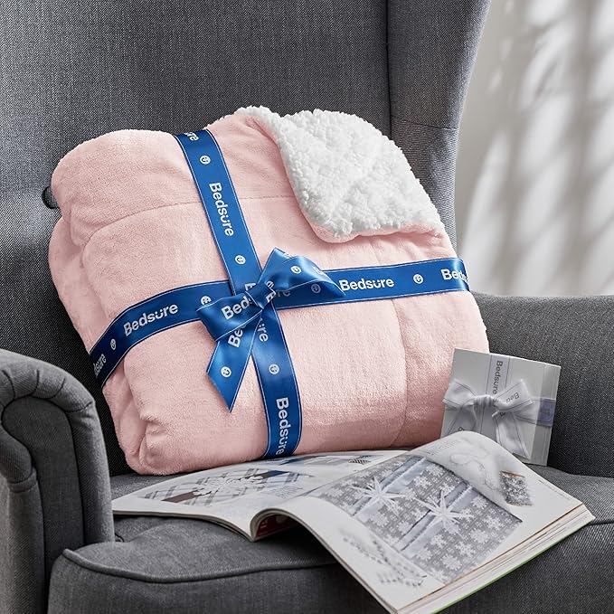 Bedsure GentleSoft Sherpa Fleece Blankets Queen Size for Bed - Thick and Warm, Soft Fuzzy Plush Queen Blanket for Winter, Pink, 90x90 Inches
