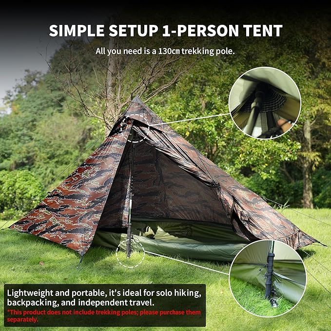 TENPLAY Ultralight 1 Person Tent - 970g 20D Nylon, 130cm Height, PU5000 Waterproof, Easy Setup, NO Trekking Pole for Hiking, Camping & Mountaineering