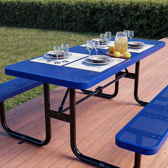 Metal Picnic Furniture for Outdoors with Umbrella Hole - Coated Steel Heavy Duty Commercial Grade Table with Adjustable Seats, Patio Set for a Lifetime (Blue, 6' Rectangular, Punched Steel)