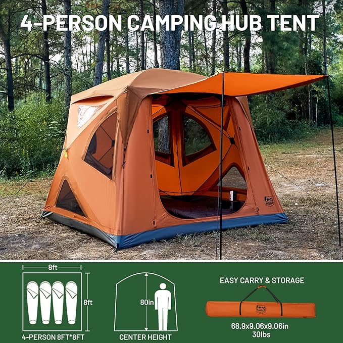 TIMBER RIDGE Instant Pop-Up Weather Resistant Camping Hub Tent, Easy 60 Second Set-Up, Portable 4 Person Tents for Outdoor, Camping, Picnicking, Orange
