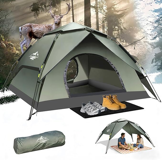 Camping Tent 2/3/4 Person Instant Pop Up Tents for Camping - 40s Automatic Easy Setup Tent with Rainfly, Double-Layer Waterproof & Windproof Instant Tents with Welcome Mat for Camping & Hiking