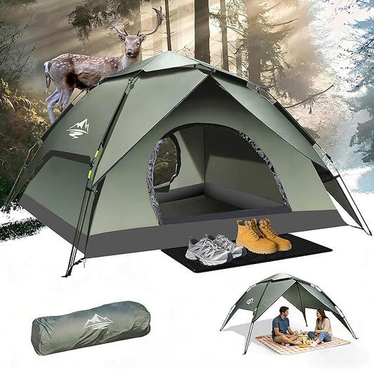 Camping Tent 2/3/4 Person Instant Pop Up Tents for Camping - 40s Automatic Easy Setup Tent with Rainfly, Double-Layer Waterproof & Windproof Instant Tents with Welcome Mat for Camping & Hiking