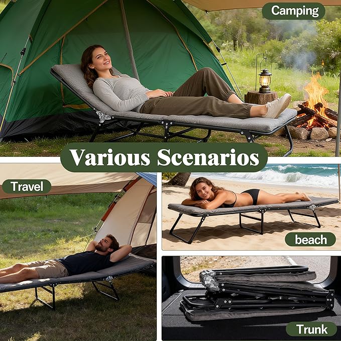 XMT Camping Cot with Mattress, 550LBS(Max Load), Portable Folding Outdoor Bed for Adults Kids, Double Layer 1200D, Heavy Duty Cot for Traveling Gear Supplier, Office Nap, Home Lounging(Grey)