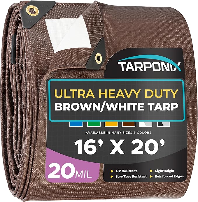 16' x 20' Ultra Heavy Duty Tarp – 20 Mil Brown/White Waterproof Outdoor Cover, UV Protection, Reinforced Corners, Ideal for Camping, Tent, and Outdoor Use