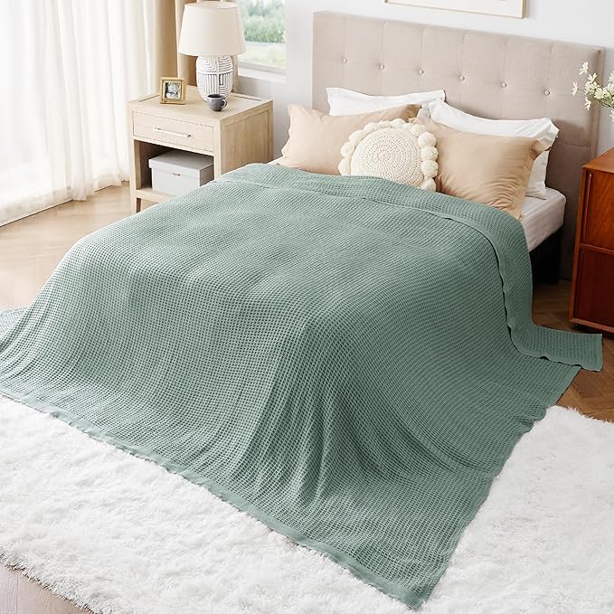 Bedsure Gentlesoft 100% Cotton Large Blanket Oversized King for Bed - Breathable Thick Waffle Weave Blanket for Summer, Couch Cover, Sage Green, 120x94 inches