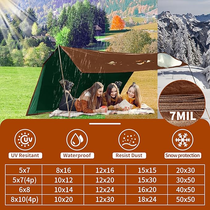Tarp 8x10 ft (4-Pack) 100% Waterproof 7mil Durable Grommets and Reinforced Edges,Uv Resistant,Green/Brown Tarp,Emergency Rain Shelter,Outdoor Cover and Camping Use -by MVPNET