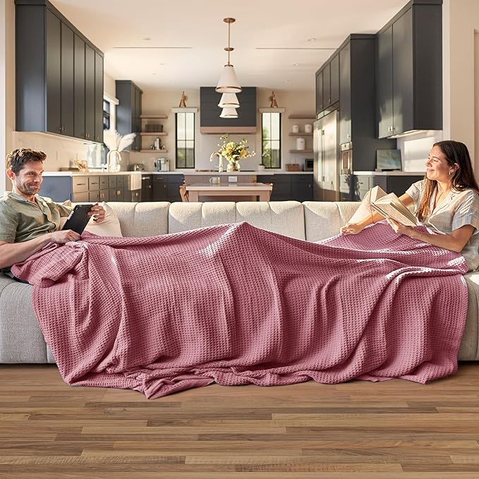 Bedsure Gentlesoft 100% Cotton Blanket Twin XL Size for College Dorm - Breathable and Soft, Waffle Weave Twin Blanket for Summer, Dorm Room Essentials, Dusty Rose, 66x90 inches