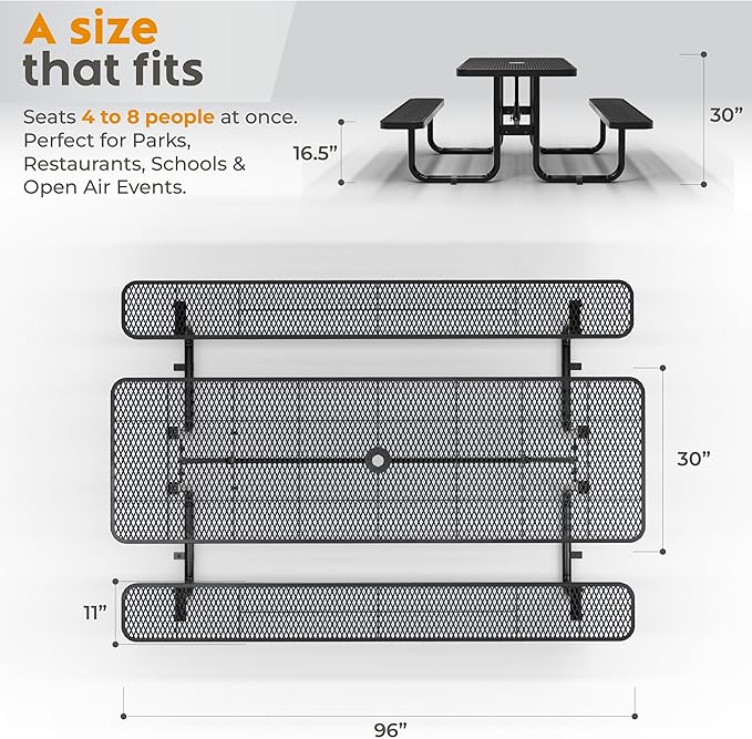 Metal Picnic Furniture for Outdoors with Umbrella Hole - Coated Steel Heavy Duty Commercial Grade Table with Adjustable Seats, Patio Set for a Lifetime (Black, 8' Rectangular)