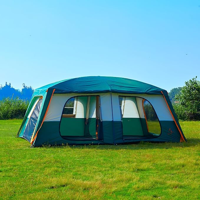 KTT Extra Large Tent 12-14 Person,Family Cabin Tents,2 Rooms,Straight Wall,2 Doors 4 Windows with Mesh,Waterproof,Straight Wall,Big Tent for Outdoor,Picnic,Camping,Gathering(Brown)