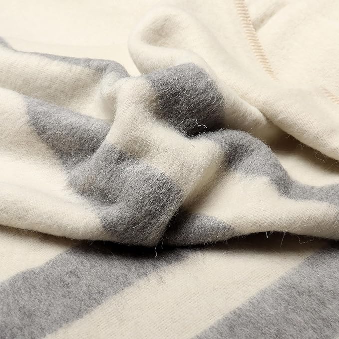 Thick Alpaca Wool Blanket Heavyweight Camping Outdoors Indoors Soft Peru King Size Stripes Design (Ivory - Soft Gray, King Size)