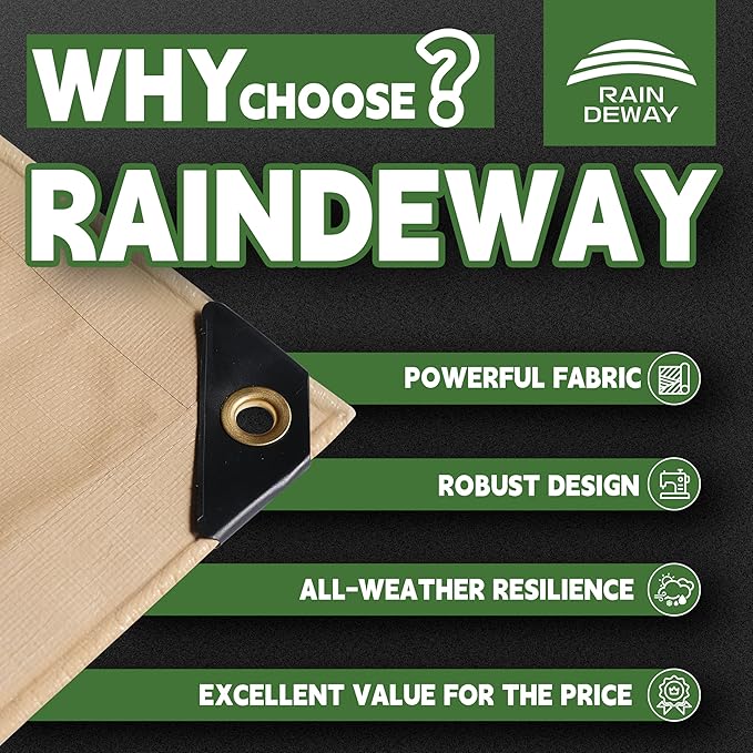 RAINDEWAY 12x24 Feet Heavy Duty Tarp,12 Mil Tan Waterproof Poly Tarp Cover,UV Resistant,Weatherproof,Durable,Multipurpose Tarps with Grommets and Reinforced Edges