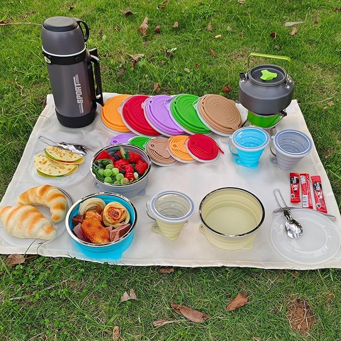 Mess Kit for Camping Silicone Collapsible Bowl Collapsible Cup and Stainless Steel Spoon for Backpacking Outdoor Hiking Traveling and Picnic