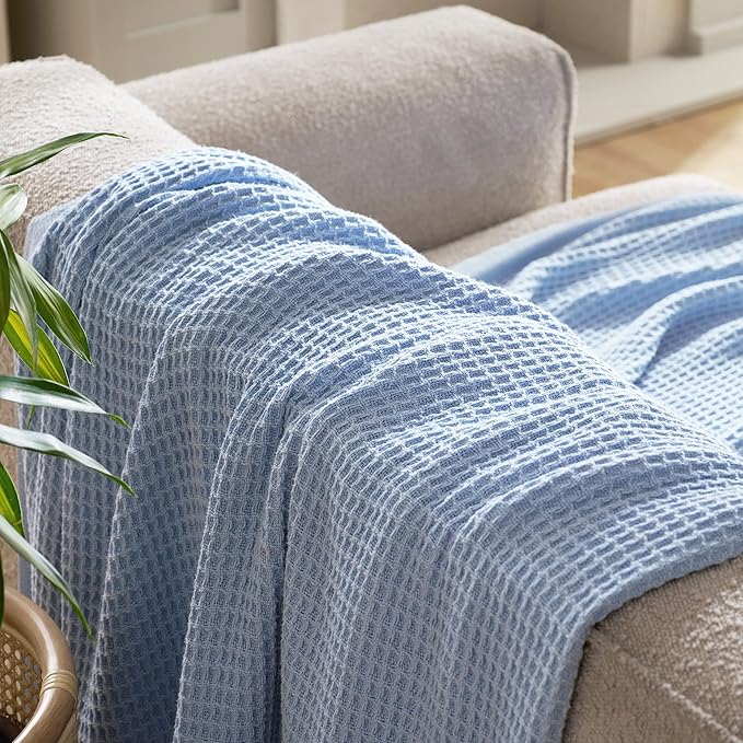 Bedsure Gentlesoft 100% Cotton Blanket King Size for Bed - Breathable and Soft, Waffle Weave Blanket for Summer, Thick Cozy Fall Blankets for Women Gift, Sky Blue, 104x90 inches