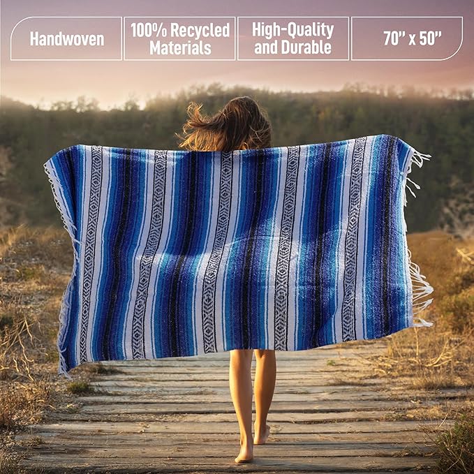Authentic Extra Large Mexican Blanket - Handwoven Yoga, Serape, Artisanal Falsa, Beach, Camping, Picnic, Outdoor Blanket (King Turquoise)