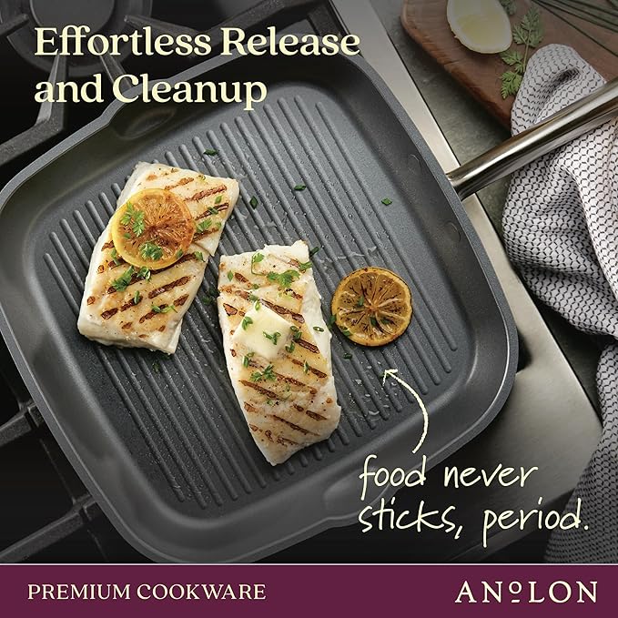 Anolon Accolade Forged Hard Anodized Nonstick Square Grill Pan/Griddle with Spouts, 11 Inch - Moonstone Gray