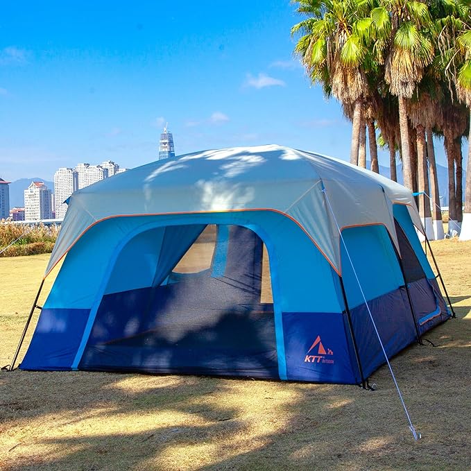 KTT Extra Large Tent 6-10-12-14 Person(B),Family Cabin Tents,2 Rooms,3 Doors and 3 Windows with Mesh,Straight Wall,Waterproof,Double Layer,Big Tent for Outdoor,Picnic,Camping,Family Gathering