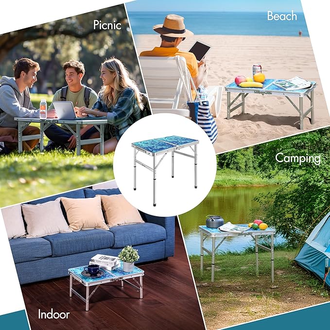 VILLEY Folding Camping Table 2FT, Portable Small Picnic Table with Adjustable Height, Lightweight Aluminum Foldable Table Small Folding Table with Carry Handle for Outdoor Indoor BBQ Hiking Beach