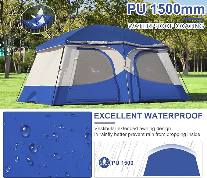 Vidalido Tents，8-10 Person Camping Tent with Extended Vestibule，2 Room Weather Resistant Family Tents，Easy Install Waterproof Outdoor Tent for Camping Hiking