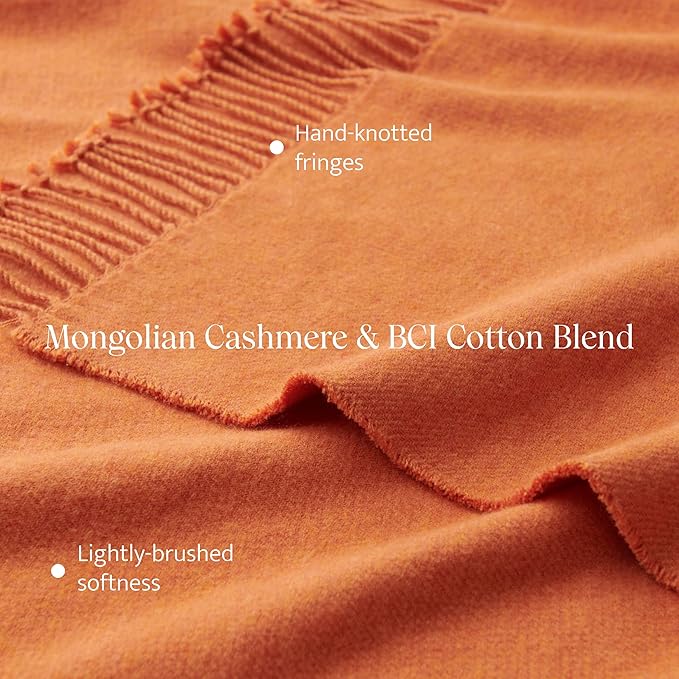 Double Stitch Cashmere Cotton Throw Blanket, 5% Mongolian Cashmere & 95% BCI Cotton Blend Blankets, Fall Elegant Blanket with Fringes, Cozy Warm Blanket for Couch Bed, Orange, 50x60 inches