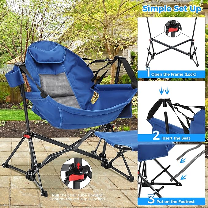 Ainfox Hammock Camping Chair with Footrest, Foldable Portable Rocking Chairs for Adults Outside Swinging Camp with Cup Holder Pillow for Outdoor Patio Poolside (Blue)