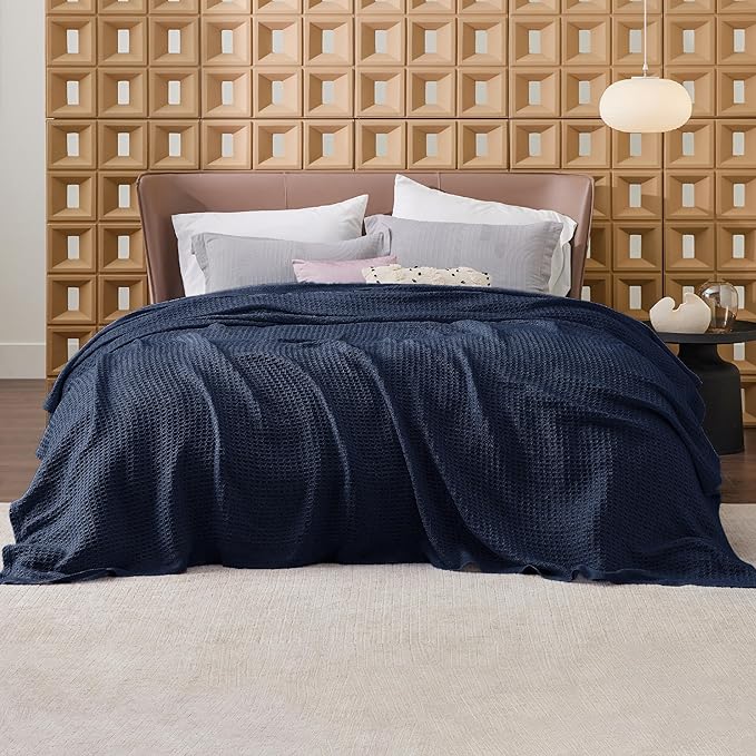 Bedsure Gentlesoft 100% Cotton Blanket Queen Size for Bed - Breathable and Soft, Waffle Weave Blanket for Summer, Thick Cozy Fall Blankets for Women Gift, Pageant Blue, 90x90 Inches
