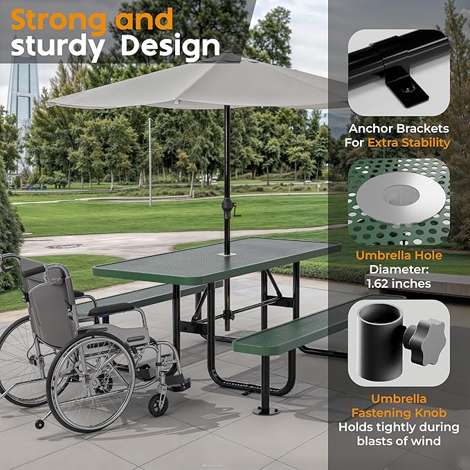 Metal Picnic Furniture for Outdoors with Umbrella Hole - Coated Steel Heavy Duty Commercial Grade Table with Adjustable Seats, Patio Set for a Lifetime (Green, 6' Rectangular, Punched Steel)