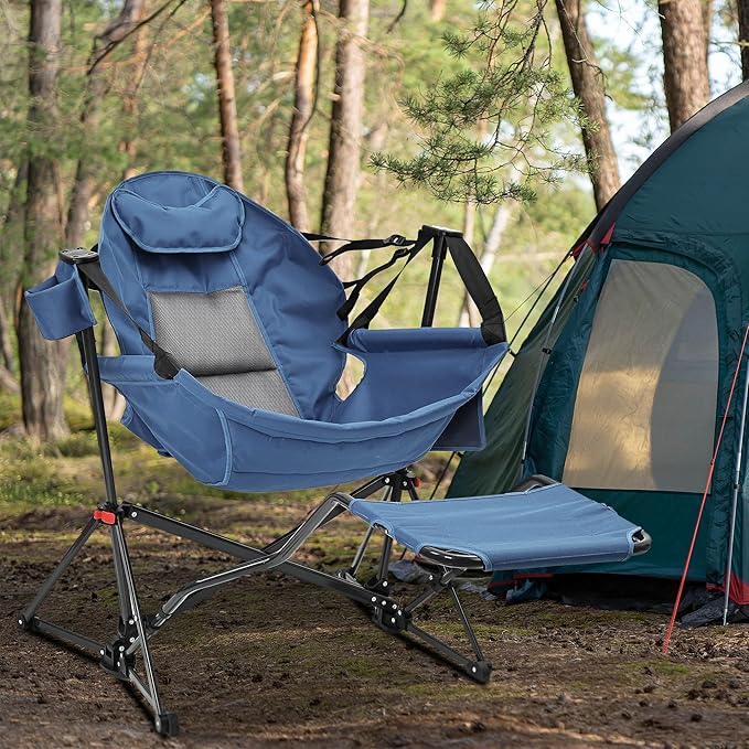 Ainfox Hammock Camping Chair with Footrest, Heavy Duty Foldable Portable Rocking Hammock Chairs Outside Swinging Camp with Cup Holder Pillow for Outdoor Patio Poolside Beige Dark Blue
