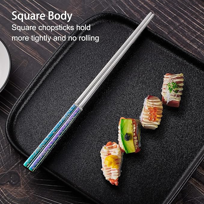 Metal Chopsticks, Reusable Dazzling Rainbow Stainless Steel, Titanium Plated, Non-slip, Dishwasher Safe, Eco-friendly, 2 Pairs Gift Set