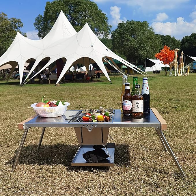 YBTMG 2-in-1 Folding IGT Camping Table with Charcoal Grill, 31.7x17.3" Stainless Steel Multifunctional BBQ Grill Desk for Garden Backyard Party Picnic Travel