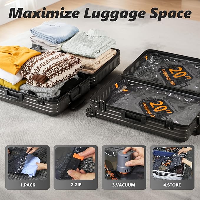 Travel Vacuum Bags with Cordless Electric Pump, 16 Large Compression Packing Cubes for Clothing Clothes, Luggage Suitcase Organizer, Space Saver Vacation Cruise Travel Essentials