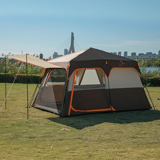KTT Extra Large Tent 6-10-12-14 Person(Style-B),Family Cabin Tents,2 Rooms,3 Doors and 3 Windows with Mesh,Straight Wall,Waterproof,Double Layer,Big Tent for Outdoor,Picnic,Camping,Family Gathering