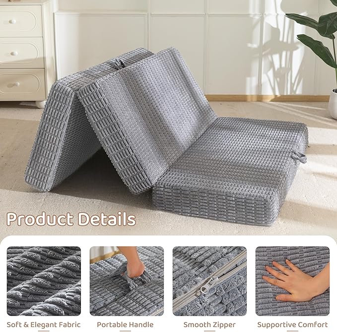 BYBYME Memory Foam Tri-Folding Mattress, 6 Inch Gel Folding Mattress Topper, Foldable Soft Guest Bed Camping Pad, with Washable Cover