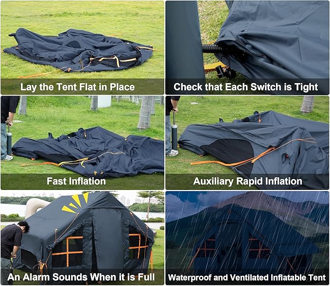Inflatable Tents for Camping with Stove Jack, 2/4/6/8 Person Easy Setup Blow Up Tents for 4 Seasons Waterproof Inflatable Camping Tent with Awning, Air House Glamping Tents for Camping Adult