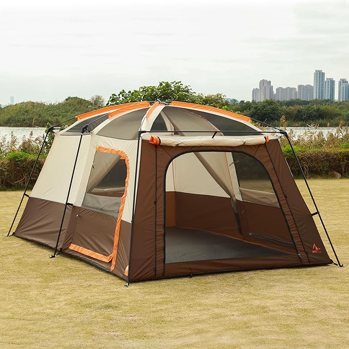 KTT Extra Large Tent 6-10-12-14 Person(Style-B),Family Cabin Tents,2 Rooms,3 Doors and 3 Windows with Mesh,Straight Wall,Waterproof,Double Layer,Big Tent for Outdoor,Picnic,Camping,Family Gathering