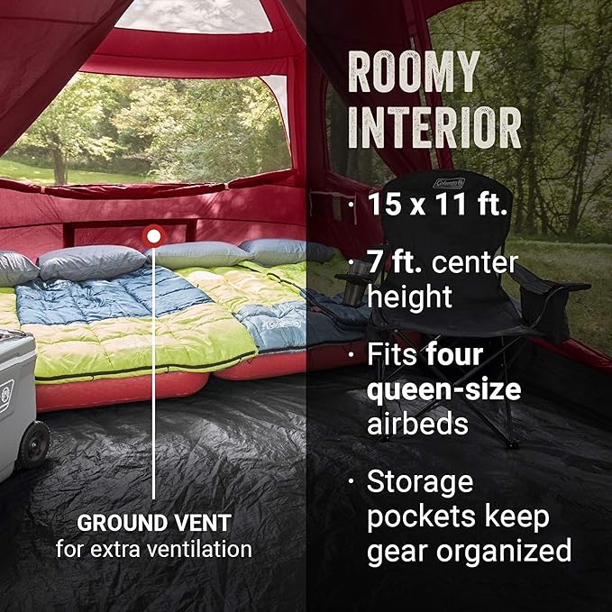 Coleman Skylodge 10-Person Family Tent, Weatherproof XL Tent with Rainfly & Room Divider, Fits 4 Queen-Sized Airbeds, Made of PFAS-Free Materials
