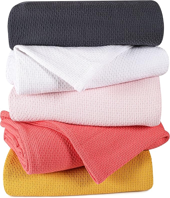 BOUTIQUO 100% Cotton Bed Blanket, Breathable Thermal Full - Queen Size, Soft Honeycomb Waffle Blanket 90'x90', Perfect for Layering Any Bed for All Season, Mustard Yellow